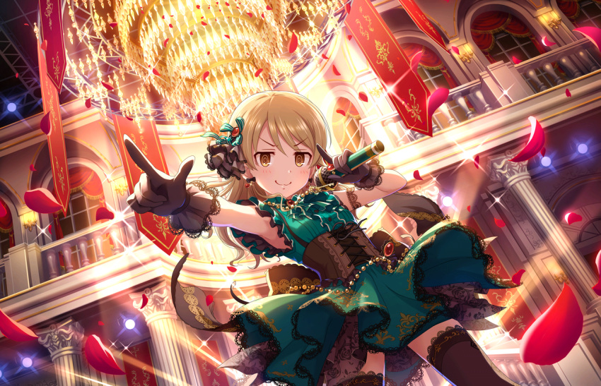 1girl alternate_hairstyle bangs blonde_hair blush breasts brown_eyes chandelier corset curtains dress earrings floral_print frills gloves green_dress hair_ornament idol idolmaster idolmaster_cinderella_girls idolmaster_cinderella_girls_starlight_stage indoors jewelry lace lace-trimmed_thighhighs light_brown_hair long_hair looking_at_viewer microphone morikubo_nono necklace petals pointing rose_petals rose_print sleeveless sleeveless_dress small_breasts smile solo thigh-highs wavy_mouth window