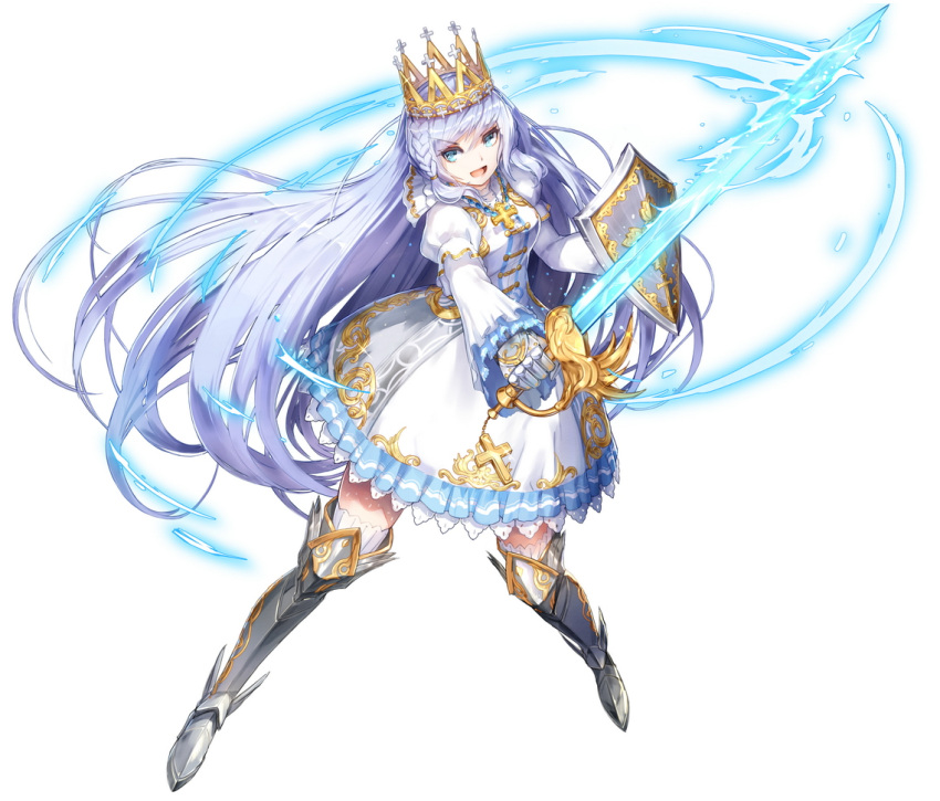 1girl blue_eyes cross crown dress gauntlets greaves knight long_hair looking_at_viewer observerz official_art original princess shield silver_hair simple_background solo standing sword weapon white_background