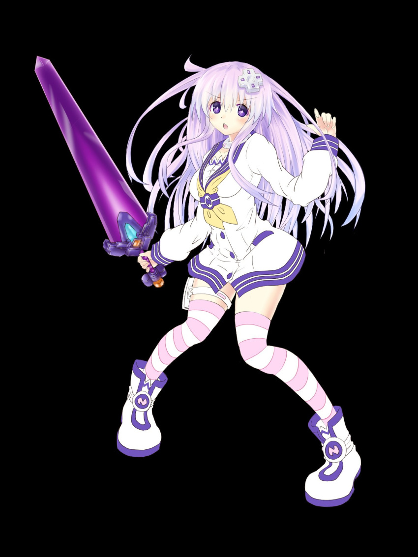 1girl artist_request blush breasts choker choujigen_game_neptune cleavage collarbone d-pad dress energy_sword fighting_stance full_body hair_ornament highres long_hair looking_at_viewer medium_breasts nepgear neptune_(series) open_mouth purple_hair sailor_dress shoes solo sword thigh-highs violet_eyes weapon zettai_ryouiki