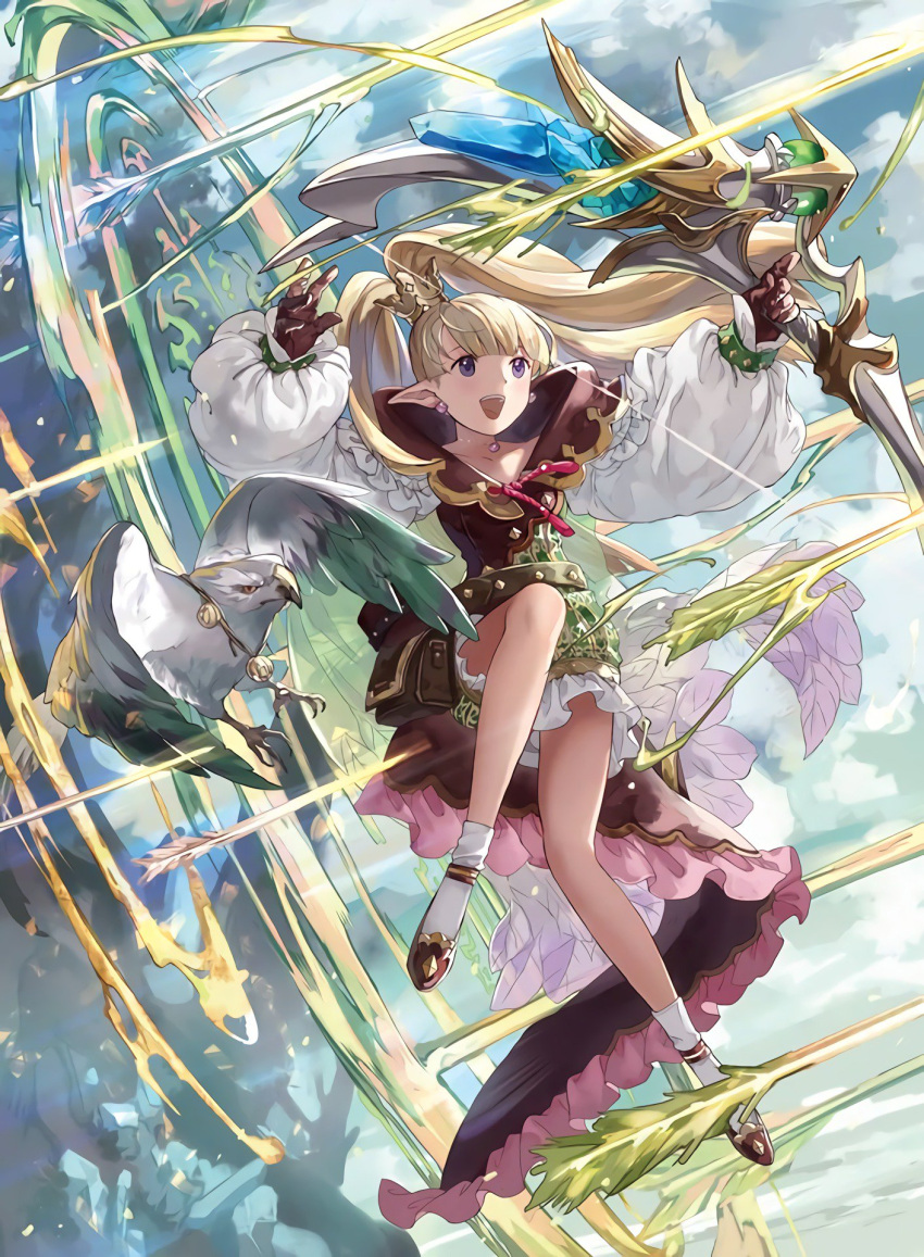 1girl arrow bird blonde_hair bow_(weapon) clouds crown crystal day earrings force_of_will gloves hawk highres jewelry leaf long_hair mayo_(becky2006) official_art open_mouth pointy_ears ponytail sky solo teeth violet_eyes weapon