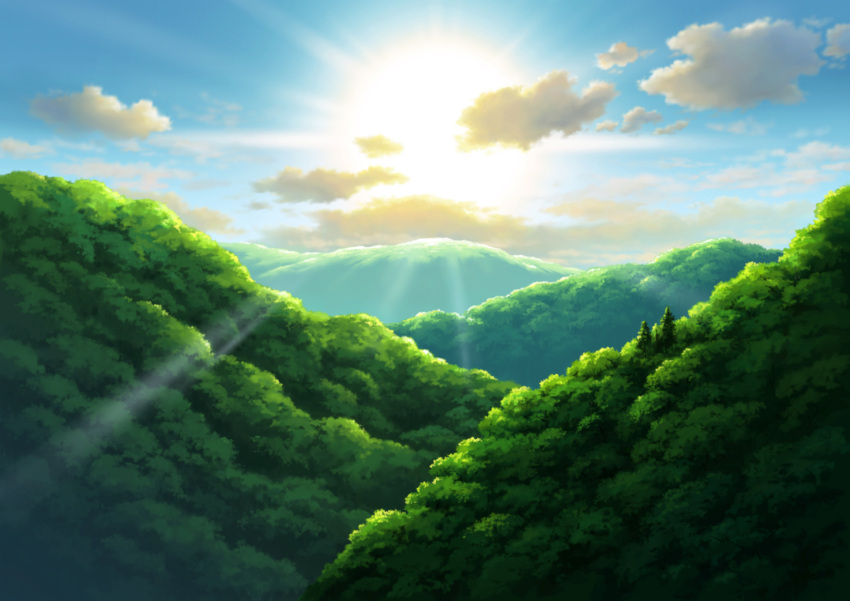 blue_sky clouds commentary_request day forest hariken hill nature no_humans outdoors scenery sky sun sunlight sunrise