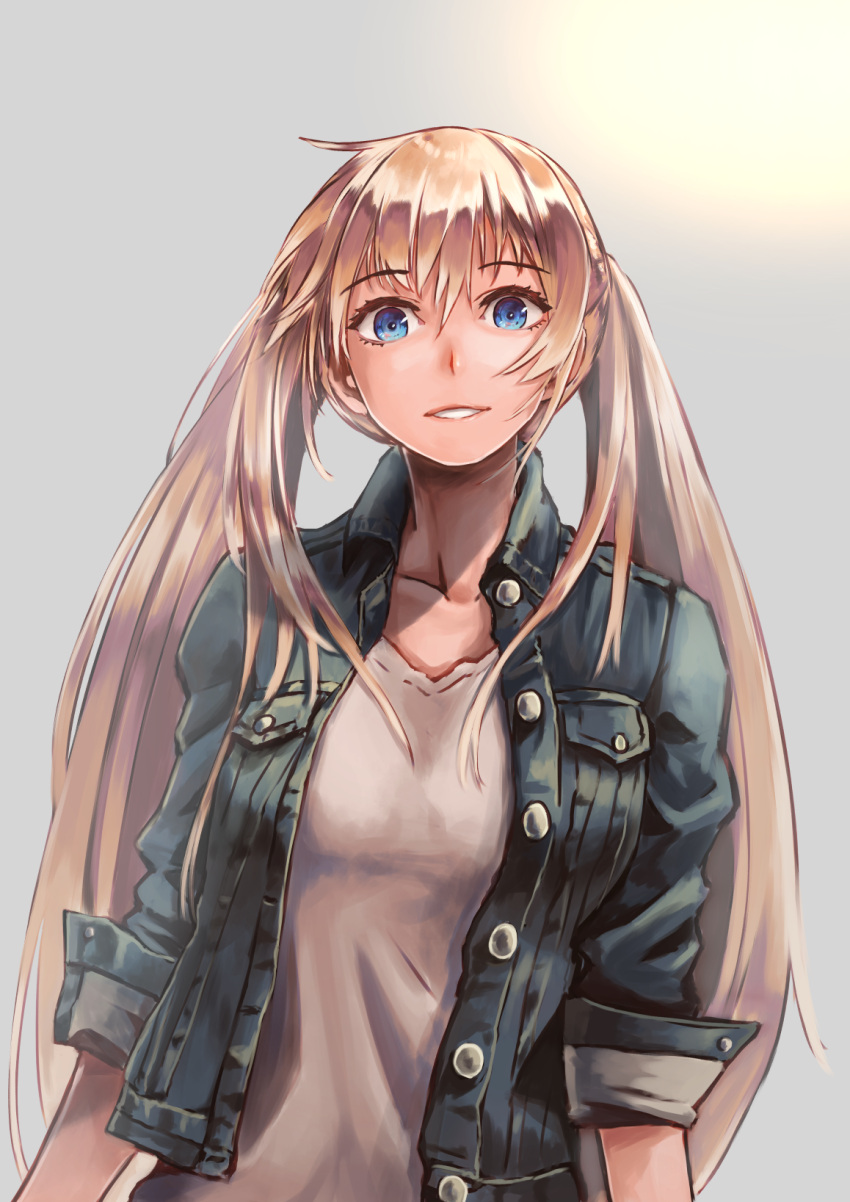 1girl arms_at_sides bangs blonde_hair blue_eyes breasts buttons denim denim_jacket eyebrows_visible_through_hair female grey_background highres kuroi_susumu long_hair looking_at_viewer medium_breasts original parted_lips pocket simple_background sleeves_rolled_up solo twintails upper_body very_long_hair wing_collar