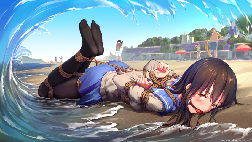1girl arms_behind_back ball_gag bangs bdsm beach black_legwear blue_skirt blue_sky blush bound breasts brown_eyes brown_hair check_commentary commentary_request day eyebrows_visible_through_hair full_body gag highres legs_together legs_up long_hair long_sleeves looking_at_viewer lying no_shoes on_stomach original outdoors pantyhose restrained sand school_uniform serafuku shibari shibari_over_clothes skirt sky small_breasts soles solo_focus splashing tearing_up tears tied_up tokinohimitsu twitter_username water waves wet wet_clothes