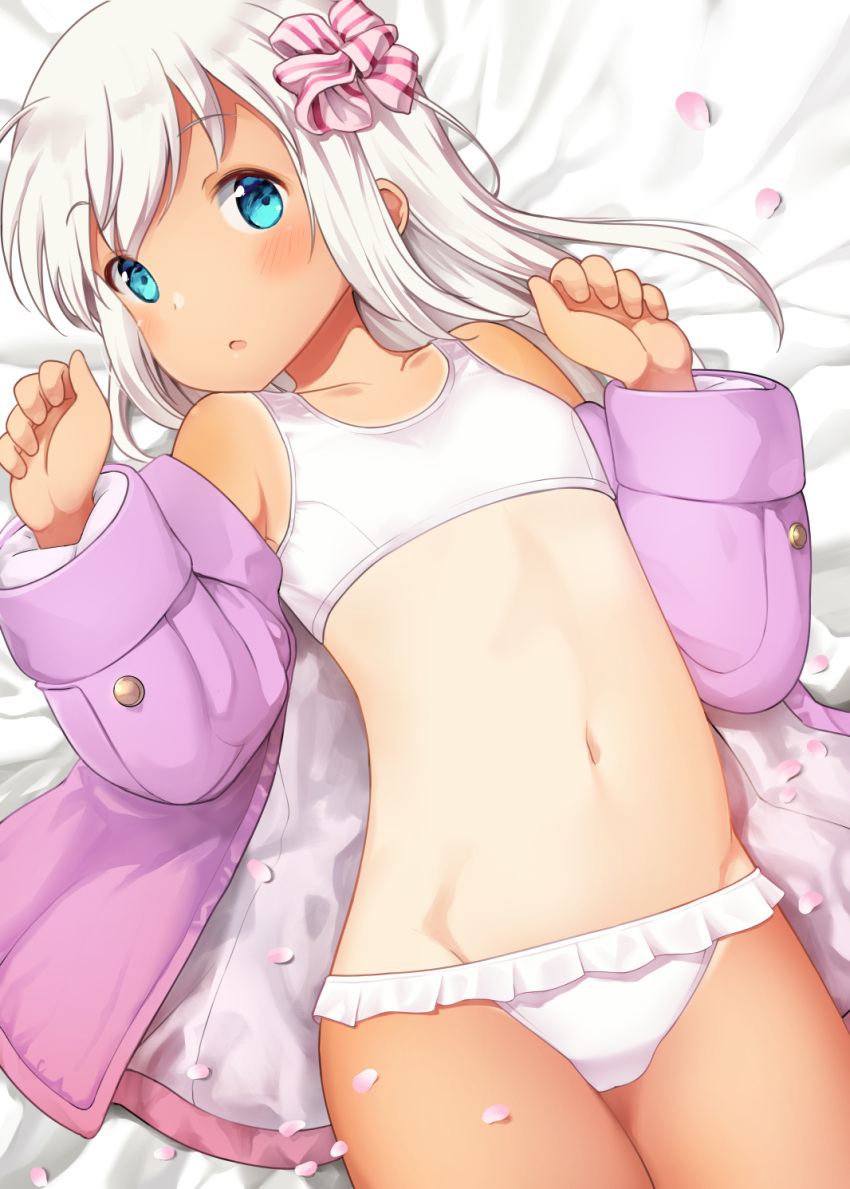 1girl aqua_eyes bell_(oppore_coppore) bikini blue_eyes blush collarbone cowboy_shot flat_chest hands_up highres jacket kantai_collection long_hair looking_at_viewer lying navel nontraditional_school_swimsuit on_back one-piece_tan open_clothes open_jacket petals ro-500_(kantai_collection) school_swimsuit silver_hair solo swimsuit swimsuit_under_clothes tan tanline tareme thighs white_bikini white_hair white_swimsuit
