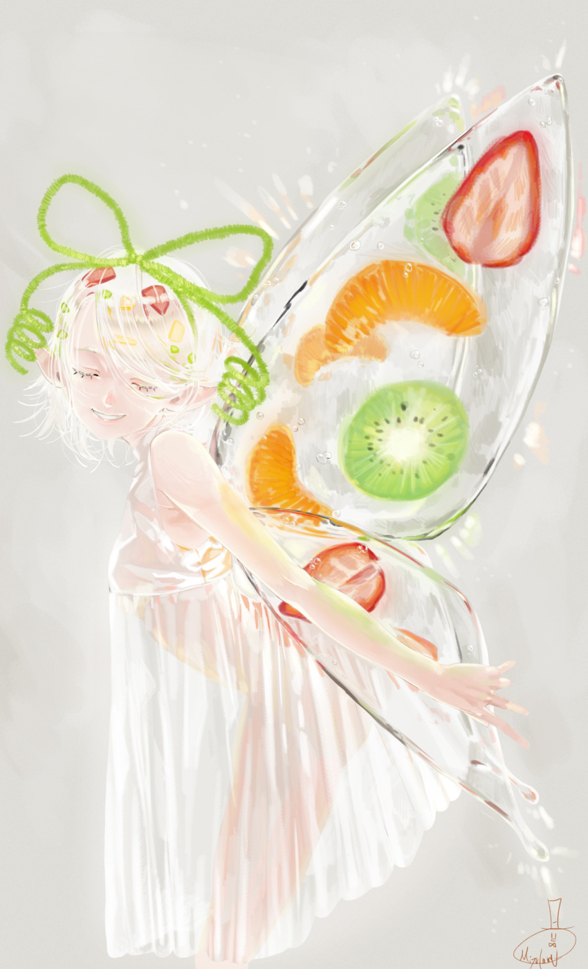 1girl artist_name bangs bare_arms closed_eyes commentary_request dress facing_viewer fairy food from_side fruit grey_background grin hair_ornament hair_ribbon highres ice ice_wings kiwifruit leaning_forward mandarin_orange mizutame_tori no_bra no_panties original parted_lips pointy_ears ribbon see-through short_hair signature simple_background sleeveless sleeveless_dress smile solo standing strawberry teeth transparent_wings white_dress white_hair wings