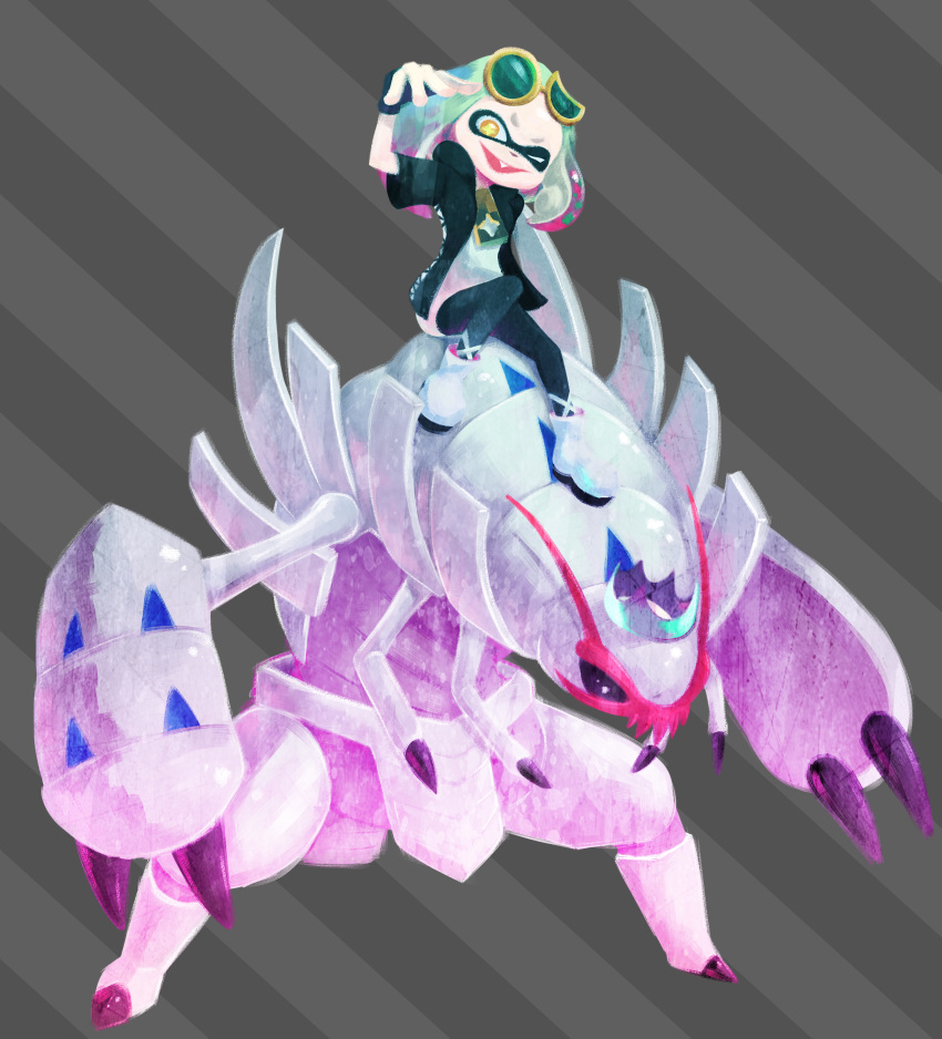 1girl ;d absurdres alternate_costume cosplay domino_mask female full_body golisopod guzma_(pokemon) guzma_(pokemon)_(cosplay) highres hime_(splatoon) kimchikat looking_at_viewer mask one_eye_closed open_mouth pokemon pokemon_(creature) pokemon_(game) pokemon_sm simple_background smile splatoon splatoon_2 striped striped_background sunglasses sunglasses_on_head two-tone_background zipper