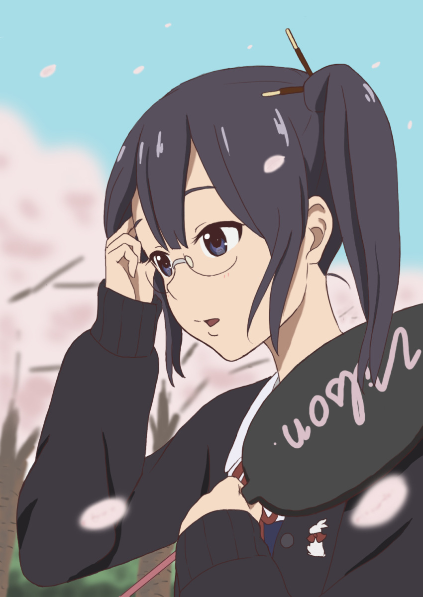 1girl asagiri_shiori badminton_racket black_hair cardigan cherry_blossoms glasses hair_ornament hair_tucking highres parted_lips rabbit racket school_uniform side_ponytail solo tamako_market tree tsukkun violet_eyes wilson_sporting_goods