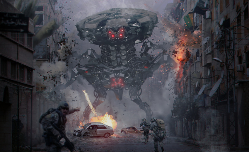 absurdres assault_rifle backpack bag blurry building car commentary depth_of_field embers explosion fire ground_vehicle gun helmet highres holding holding_gun holding_weapon mecha motor_vehicle open_mouth original outdoors pointing power_lines rifle road satellite_dish smoke soldier street weapon weihao_wei wreckage