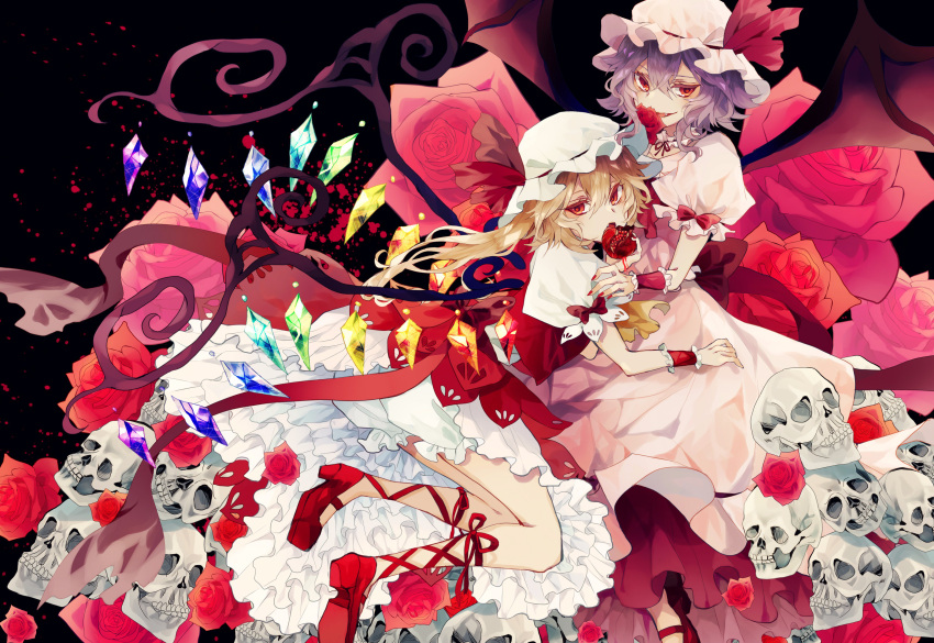 2girls absurdres ascot bat_wings black_background blonde_hair bloomers fang flandre_scarlet frilled_skirt frills hair_between_eyes hat hat_ribbon highres looking_at_viewer mob_cap multiple_girls nail_polish puffy_short_sleeves puffy_sleeves purple_hair red_eyes red_nails red_ribbon red_shoes red_skirt remilia_scarlet ribbon satsuki_(miicat) shoes short_sleeves siblings sisters skirt skirt_set skull smile touhou underwear vest white_hat wings wrist_cuffs
