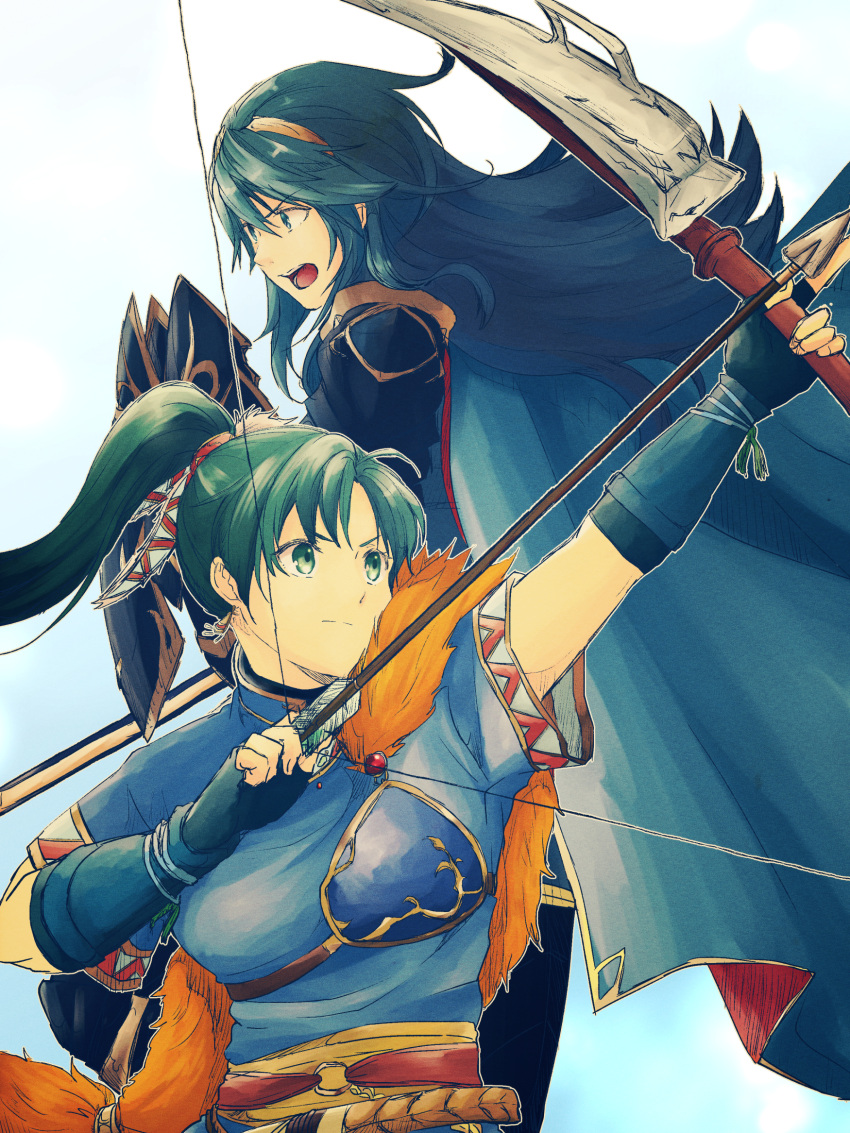 2girls blue_eyes blue_hair bow_(weapon) breasts dress earrings fingerless_gloves fire_emblem fire_emblem:_rekka_no_ken fire_emblem_heroes gloves green_eyes green_hair high_ponytail highres jewelry long_hair lucina lyndis_(fire_emblem) multiple_girls nishimura_(nianiamu) open_mouth ponytail super_smash_bros. sword tiara very_long_hair weapon