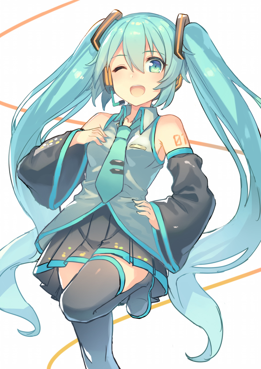 1girl ;d aqua_eyes aqua_hair aqua_necktie bangs black_boots black_skirt blush boots breast_pocket closed_mouth collared_shirt detached_sleeves grey_shirt hajime_kaname hand_on_hip hand_on_own_chest hand_up hatsune_miku headphones headset highres knee_up long_hair looking_at_viewer necktie one_eye_closed open_mouth pleated_skirt pocket shirt shoulder_tattoo skirt sleeveless sleeveless_shirt smile solo standing standing_on_one_leg tattoo thigh-highs thigh_boots twintails very_long_hair vocaloid zettai_ryouiki