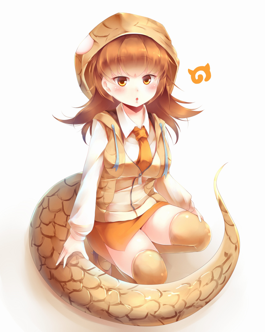 1girl absurdres blush brown_hair highres hood japari_symbol kanzakietc kemono_friends necktie open_mouth simple_background snake_tail solo tail taipan_(kemono_friends) thigh-highs white_background