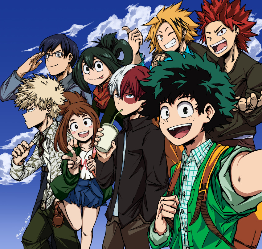 2girls 6+boys absurdres alternate_costume asui_tsuyu bakugou_katsuki blonde_hair blue_hair blue_sky blush_stickers boku_no_hero_academia brown_hair cardigan casual clouds day drink freckles glasses green_hair heterochromia highres iida_tenya kaminari_denki kirishima_eijirou long_sleeves looking_at_viewer midoriya_izuku multicolored_hair multiple_girls one_eye_closed open_mouth pants redhead salute scarf shirt sideburns silver_hair skirt sky sleeves_rolled_up smile sunglasses todoroki_shouto two-tone_hair uraraka_ochako white_hair