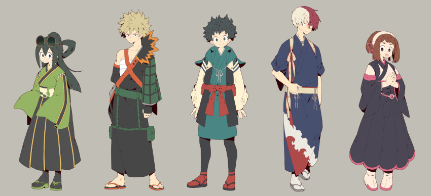 2girls 3boys :d alternate_costume asui_tsuyu bakugou_katsuki bandage bangs beige_background black_hair black_hakama black_legwear blonde_hair boku_no_hero_academia brown_hair closed_mouth fingerless_gloves freckles frog full_body fur_trim gloves hair_rings hairband hakama hands_together highres japanese_clothes jitome kimono long_hair long_sleeves looking_at_viewer midoriya_izuku multicolored_hair multiple_boys multiple_girls open_mouth plaid pouch redhead sandals simple_background sleeves_past_wrists slippers smile standing sunglasses sunglasses_on_head tabi tasuki todoroki_shouto two-tone_hair uppi uraraka_ochako white_hair white_legwear white_pupils wide-eyed wide_sleeves