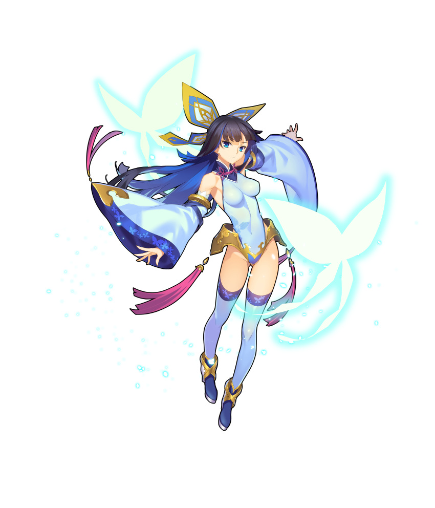 1girl absurdres black_hair blue_eyes blue_hair blue_legwear boots breasts butterfly covered_navel detached_sleeves full_body hair_ornament highres impossible_clothes impossible_leotard large_breasts leotard long_hair multicolored_hair nie_xiaoqian outstretched_arms sangai_senki simple_background solo tassel thigh-highs two-tone_hair very_long_hair white_background wide_sleeves yangsion