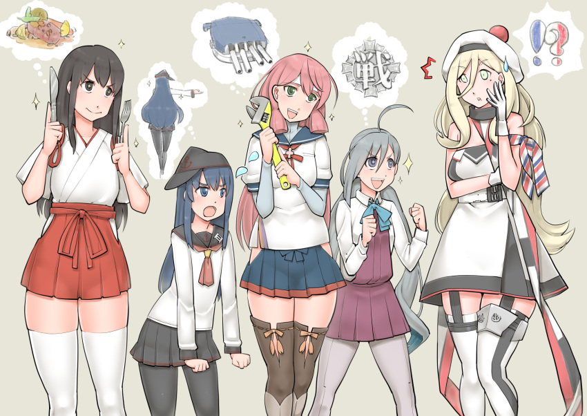 &gt;:) &gt;:d &gt;:o +_+ 5girls :d :o ahoge akagi_(kantai_collection) akashi_(kantai_collection) akatsuki_(kantai_collection) anchor_symbol arm_ribbon belt beret black_eyes black_hair black_hat black_legwear black_skirt blonde_hair blue_eyes blue_ribbon blue_skirt cannon clenched_hands dress food fork garter_straps gloves green_eyes grey_background grey_hair grey_legwear gun hakama hakama_skirt hand_on_own_cheek hat headband highres japanese_clothes kantai_collection kiyoshimo_(kantai_collection) knife long_hair long_sleeves mole mole_under_eye mole_under_mouth multicolored multiple_girls necktie neimuresu open_mouth pantyhose pink_hair purple_dress question_mark red_hakama ribbon richelieu_(kantai_collection) sailor_dress scarf short_sleeves simple_background skirt smile sparkle standing star star-shaped_pupils strapless strapless_dress sweatdrop symbol-shaped_pupils tagme thigh-highs weapon white_dress white_gloves white_hat white_legwear wrench