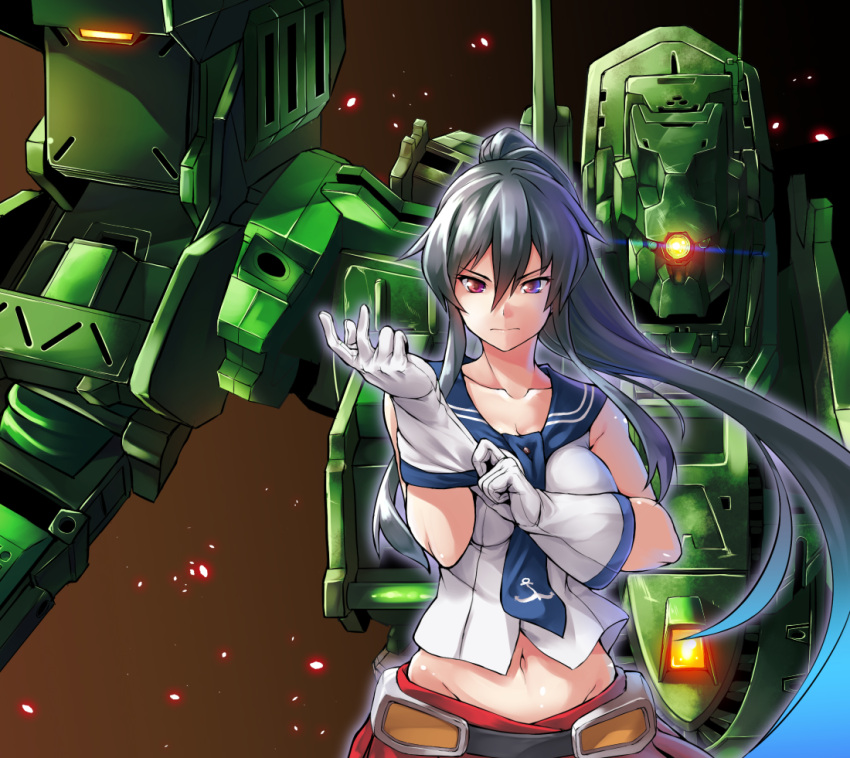 1girl adjusting_clothes adjusting_gloves armored_core bangs belt black_hair breasts chaigidhiell cover_image crossover frown gloves glowing glowing_eye groin hips kantai_collection long_hair looking_at_viewer mecha medium_breasts midriff navel necktie parted_bangs ponytail putting_on_gloves red_eyes red_skirt robot school_uniform serafuku sidelocks skirt sparkle upper_body yahagi_(kantai_collection)