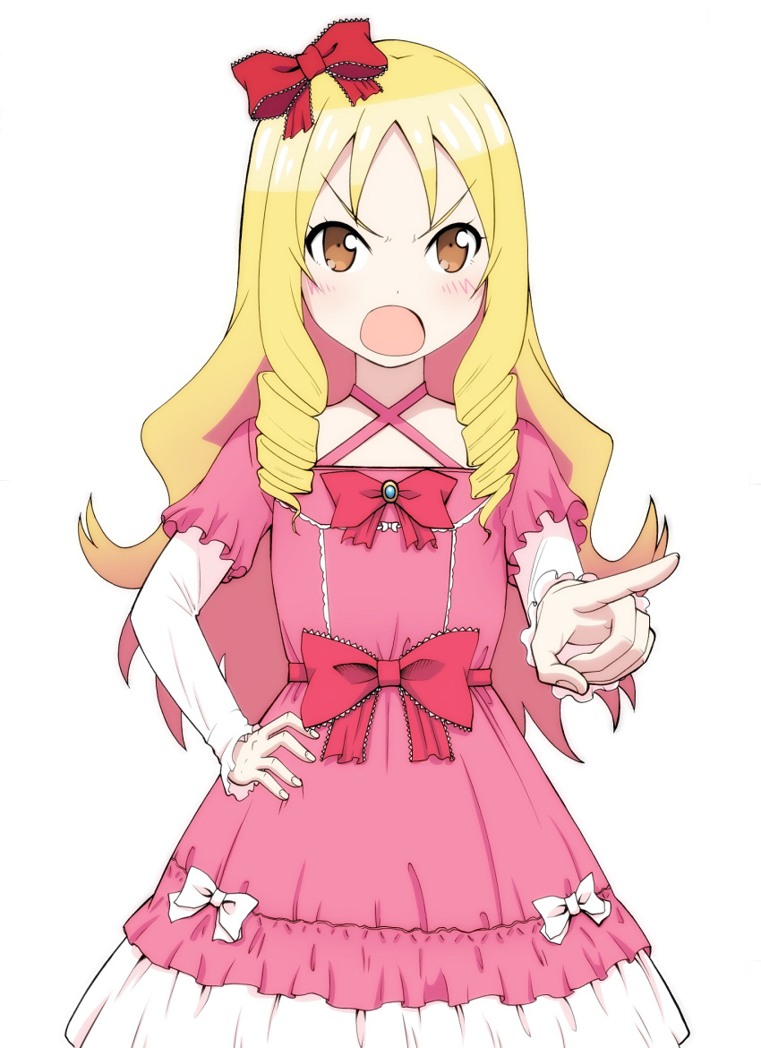 1girl blonde_hair blush bow brown_eyes cowboy_shot dress drill_hair eromanga_sensei hair_bow hand_on_hip highres index_finger_raised long_hair open_mouth red_bow simple_background solo standing twin_drills white_background yamada_elf
