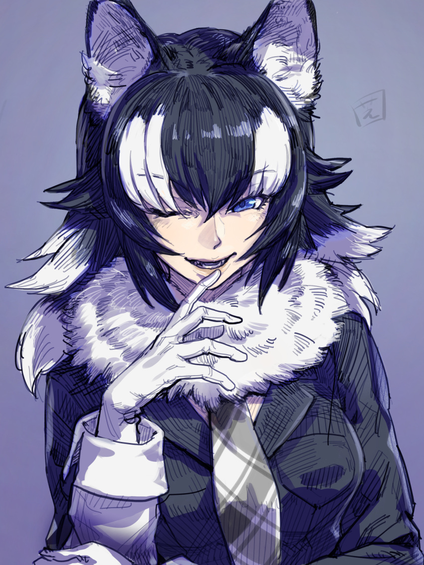 1girl absurdres animal_ears blue_eyes commentary commentary_request gloves grey_wolf_(kemono_friends) grin highres kemono_friends monochrome multicolored_hair necktie plaid shiba_itsuki signature smile two-tone_hair