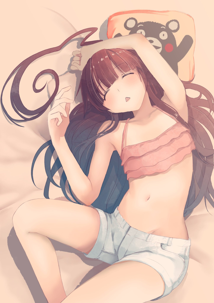 1girl ahoge alternate_costume armpits bare_shoulders breasts brown_hair closed_eyes commentary_request highres huge_ahoge kantai_collection kuma_(kantai_collection) long_hair masukuza_j navel shorts sleeping small_breasts