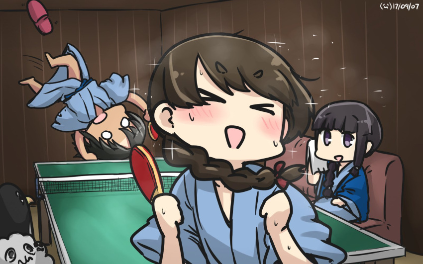 &gt;_&lt; 3girls :d alternate_costume black_hair blush braid brown_hair closed_eyes commentary_request dated failure_penguin hair_over_shoulder hair_ribbon hamu_koutarou highres indoors kantai_collection kitakami_(kantai_collection) long_hair miss_cloud multiple_girls nagara_(kantai_collection) o_o open_mouth paddle ribbon short_hair single_braid slippers_removed smile sparkle table_tennis table_tennis_paddle towel uranami_(kantai_collection) violet_eyes