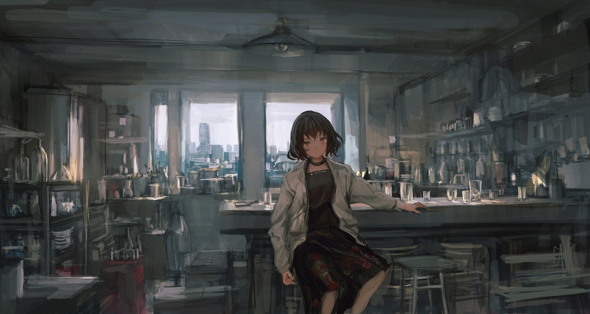 1girl bar_stool black_hair choker cup drinking_glass glass_bottle highres jacket lm7_(op-center) looking_at_viewer nail_polish original red_eyes shot_glass skirt solo stool