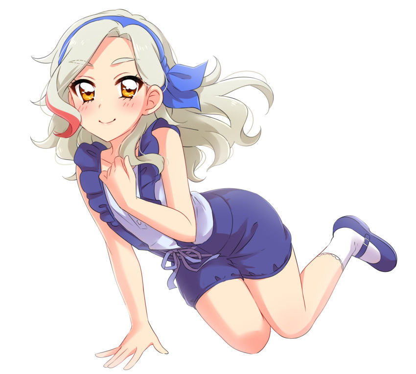 1girl aikatsu! bangs bare_arms blue_shoes blush character_request closed_mouth commentary_request eyebrows_visible_through_hair full_body grey_hair hand_on_own_chest highres legs_together long_hair looking_at_viewer mary_janes multicolored_hair parted_bangs sekina shirt shoes shorts simple_background smile socks solo streaked_hair suspender_shorts suspenders white_background white_legwear white_shirt yellow_eyes