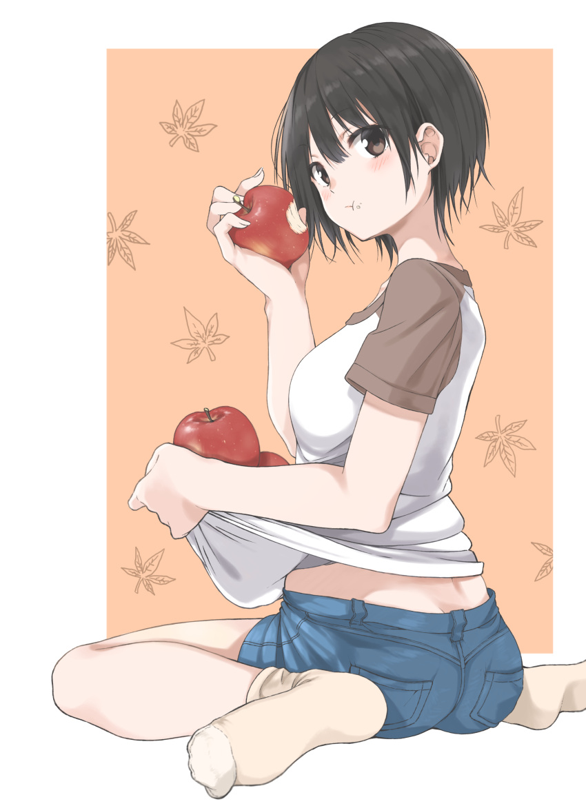 1girl :t absurdres amu_(258shin) apple ass bangs beige_legwear black_hair blush breasts brown_eyes closed_mouth commentary_request denim denim_shorts eating eyebrows_visible_through_hair food food_on_face from_behind fruit highres holding holding_fruit leaf looking_at_viewer looking_back no_shoes original outside_border shirt shirt_carry short_hair short_sleeves shorts sitting socks solo wariza