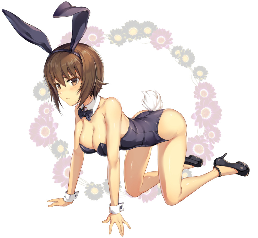 1girl :&lt; all_fours animal_ears bare_shoulders blush bow bowtie breasts brown_eyes brown_hair bunny_girl bunny_tail bunnysuit cleavage closed_mouth detached_collar eyebrows_visible_through_hair fake_animal_ears full_body girls_und_panzer hair_between_eyes high_heels highres ikomochi large_breasts leotard looking_at_viewer nishizumi_maho rabbit_ears short_hair simple_background solo tail wrist_cuffs