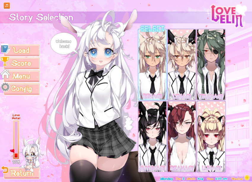 +_+ 6+girls :d animal_ears antenna_hair asymmetrical_bangs bag bangs black_bow black_bowtie black_hair black_legwear black_necktie black_skirt blazer blonde_hair blue_eyes blunt_bangs blush bow bowtie breasts castanic_(tera) cat_ears character_name chibi cleavage closed_mouth collarbone collared_shirt commentary dark_skin deathalice elin_(tera) english expressionless eyebrows_visible_through_hair eyepatch fake_screenshot green_eyes green_hair hair_between_eyes head_wings heart jacket large_breasts long_hair looking_at_viewer maroon_hair multiple_girls musical_note necktie number open_mouth pink_background pleated_skirt pointy_ears red_eyes school_bag school_uniform shirt short_hair silhouette silver_hair sitting skirt smile speech_bubble tera_online thigh-highs very_long_hair white_shirt wing_collar