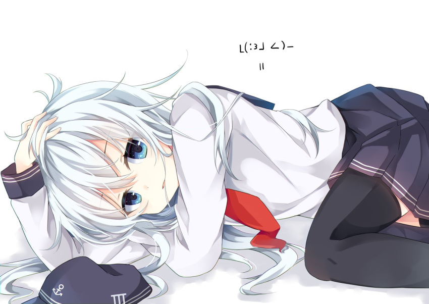 black_legwear blue_eyes hair_in_mouth hand_on_head hat hat_removed headwear_removed hibiki_(kantai_collection) kantai_collection long_hair school_uniform serafuku siroyuki thigh-highs white_background white_hair