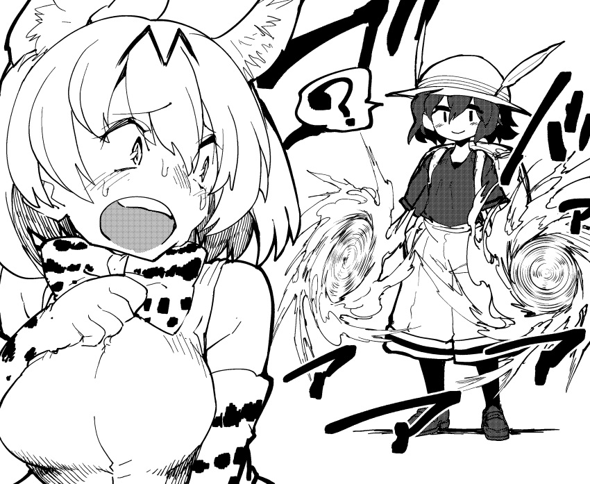 2girls ? absurdres animal_ears backpack bag bare_shoulders blush bow bowtie bucket_hat elbow_gloves eyebrows_visible_through_hair fire full_body gloves greyscale hair_between_eyes hand_up hat hat_feather highres kaban_(kemono_friends) kemono_friends looking_at_another monochrome motion_lines multiple_girls open_mouth serval_(kemono_friends) serval_ears serval_print shigurio shirt short_hair shorts sleeveless sleeveless_shirt smile spoken_question_mark standing sweat sweating_profusely upper_body wavy_hair