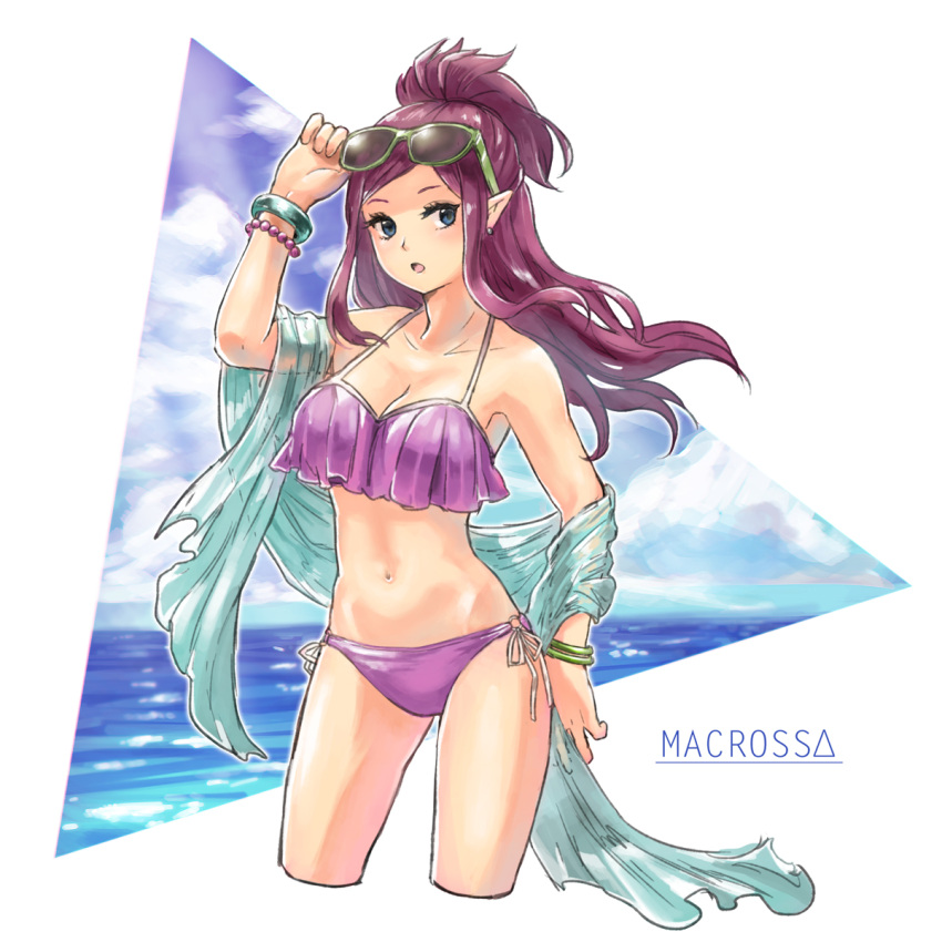 bangs beach bikini blue_eyes blue_sky bracelet breasts collarbone cowboy_shot cropped_legs earrings half_updo hand_on_head highres jewelry looking_at_viewer macross macross_delta mirage_farina_jenius navel open_mouth panties pointy_ears purple_bikini purple_hair purple_swimsuit sarong shawl shizuya_azu side-tie_bikini sidelocks sky standing sunglasses sunglasses_on_head swept_bangs swimsuit underwear