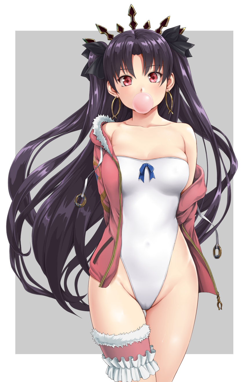 1girl black_hair casual_one-piece_swimsuit chewing_gum dorobuton_mannendoko earrings fate/grand_order fate_(series) highleg highleg_swimsuit highres hoop_earrings ishtar_(fate/grand_order) jewelry long_hair one-piece_swimsuit pink_jacket red_eyes solo standing strapless strapless_swimsuit swimsuit tohsaka_rin twintails two_side_up white_swimsuit