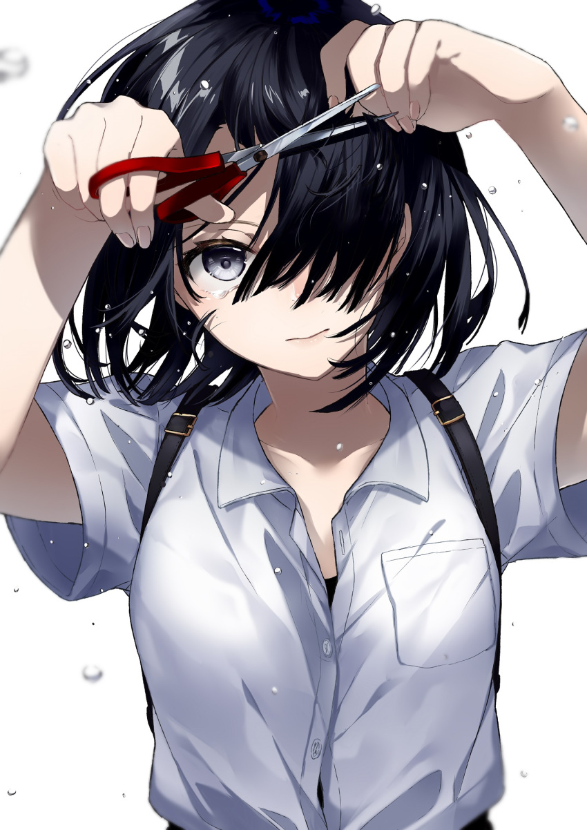 1girl arms_up backpack bag black_hair blue_eyes breast_pocket buttons closed_mouth collarbone collared_shirt cutting_hair dress_shirt expressionless fingernails hair_over_one_eye highres holding lips looking_at_viewer original pocket scissors shirt short_hair short_sleeves simple_background sogawa66 solo suspenders tearing_up tears upper_body white_background wing_collar