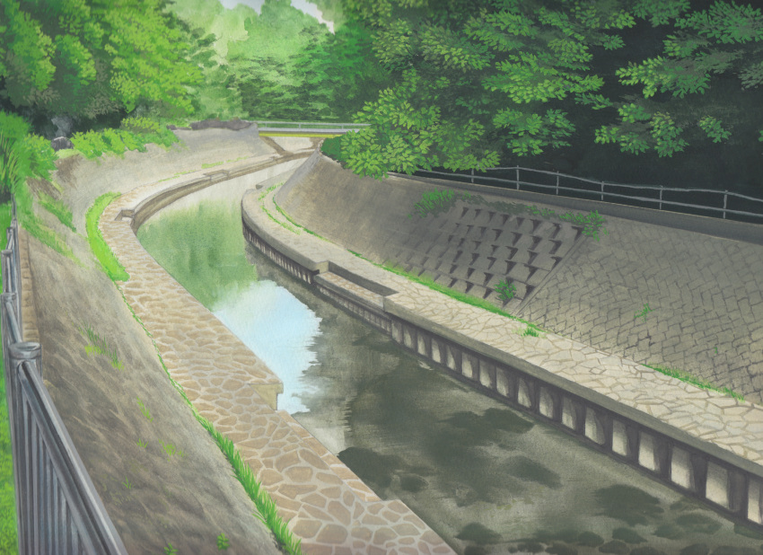calligraphy_brush_(medium) commentary_request day fence forest graphite_(medium) grass highres nature no_humans outdoors plant reflection river scenery traditional_media tree wall watercolor_(medium) yukko_(shirokopa)