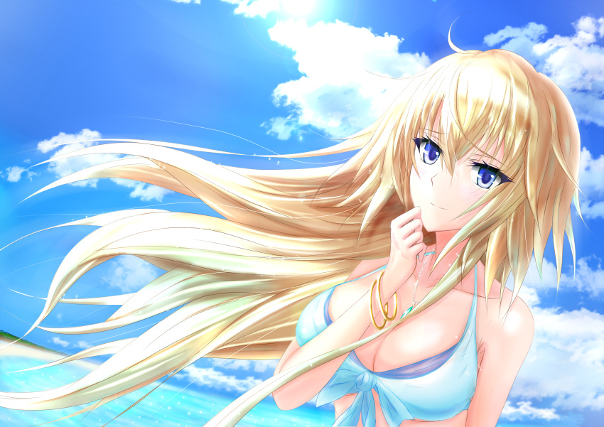 1girl absurdres bikini_top blonde_hair blue_eyes bracelet breasts cleavage dutch_angle fate_(series) highres jewelry komazuki_(komaworks240) large_breasts long_hair looking_at_viewer necklace ocean ruler_(fate/apocrypha) solo wind