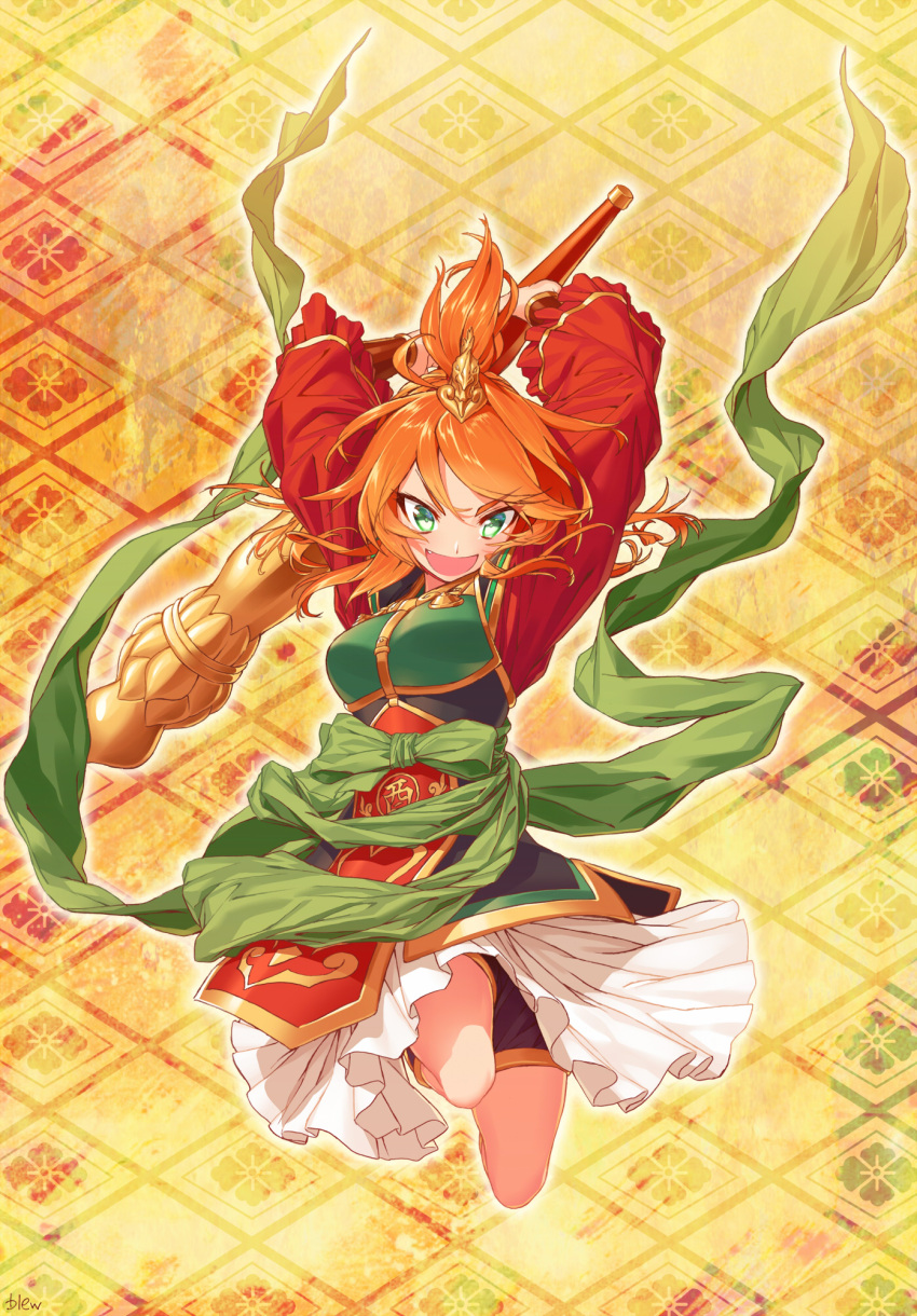 1girl armor bangs blew_andwhite bracer chinese_clothes commentary_request eyebrows_visible_through_hair fang full_body green_eyes green_tunic hair_ornament highres holding holding_weapon huge_weapon jumping legs_up long_sleeves looking_at_viewer open_mouth orange_hair original overskirt red_shirt sash shirt short_hair shorts_under_skirt smile solo tunic weapon wide_sleeves
