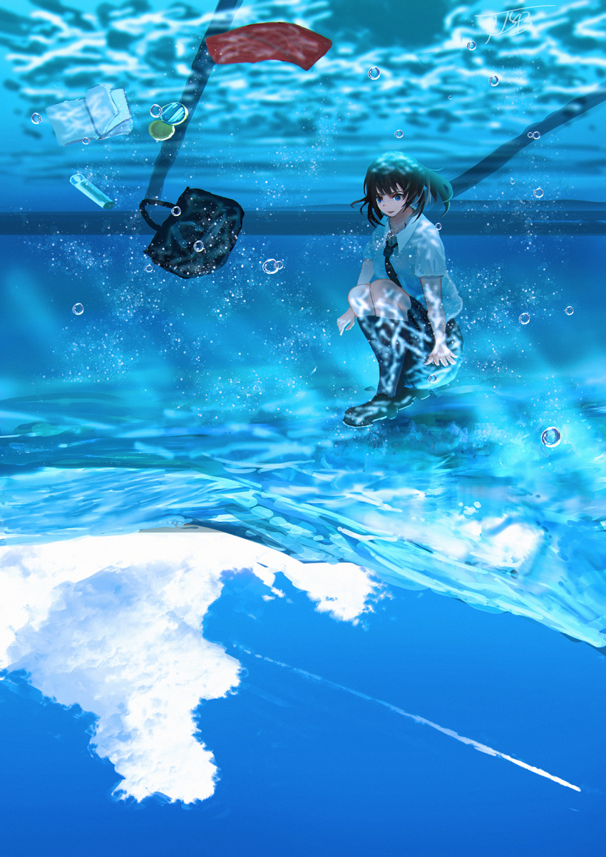 1girl arms_at_sides bag bare_arms black_hair black_legwear blue_eyes blue_sky clouds day full_body highres knees_up kojomi_(7j543) long_hair looking_down open_mouth original outdoors outstretched_arms pool scenery school_uniform shirt short_sleeves skirt sky smile solo submerged swimming underwater upside-down water