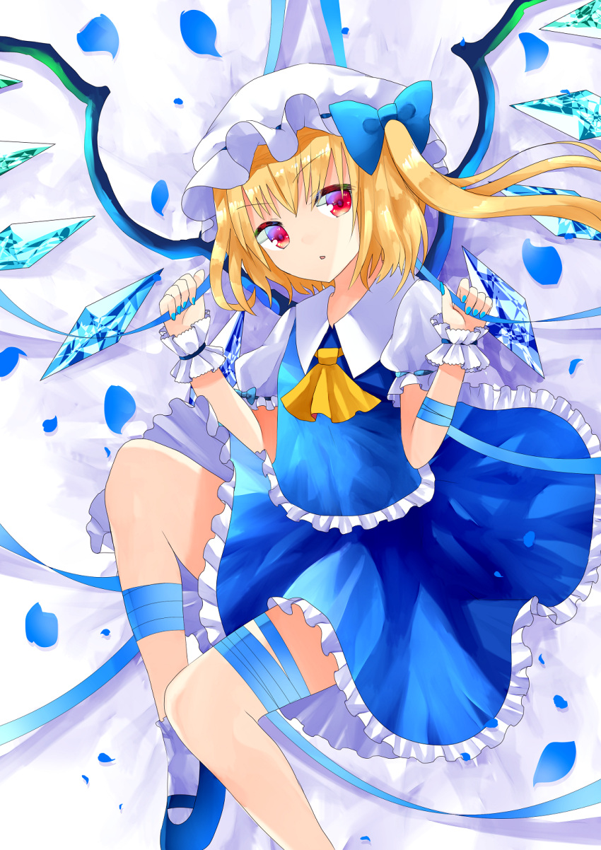 1girl :o alternate_color ankle_socks arm_ribbon blonde_hair blue_nails blue_ribbon blue_shoes blue_skirt blue_vest cravat flandre_scarlet folded_leg frilled_skirt frilled_vest frills hat hat_ribbon highres leg_ribbon looking_at_viewer lying mary_janes mob_cap nail_polish on_back petals puffy_short_sleeves puffy_sleeves red_eyes ribbon rose_petals sakipsakip shoes short_hair short_sleeves side_ponytail simple_background skirt skirt_set solo thigh_ribbon touhou vest white_background wrist_cuffs