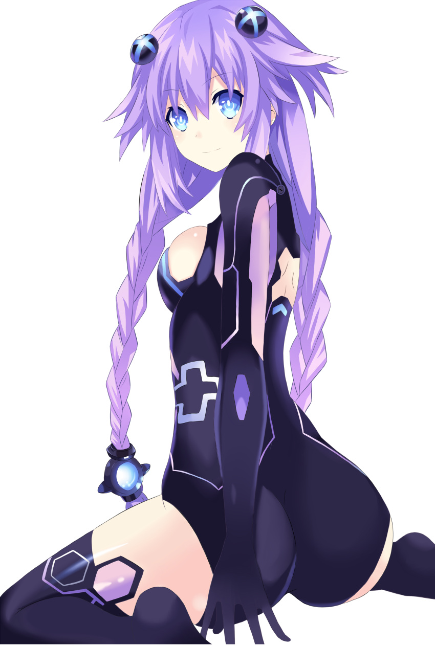 1girl absurdres ass blue_eyes braid breasts hair_ornament highres long_hair looking_at_viewer looking_back medium_breasts neptune_(series) power_symbol purple_hair purple_heart ramu-on@_shinon sitting smile symbol-shaped_pupils transparent_background twin_braids twintails