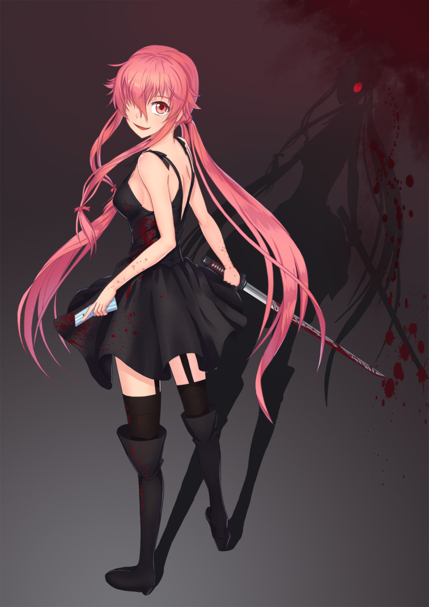 1girl :d anarchojs black_boots black_dress black_legwear blood_on_weapon boots dress floating_hair full_body garter_straps gasai_yuno hair_between_eyes hair_over_one_eye highres holding holding_phone holding_sword holding_weapon katana knee_boots long_hair looking_at_viewer mirai_nikki open_mouth phone pink_eyes pink_hair shadow short_dress sleeveless sleeveless_dress smile solo standing sword thigh-highs twintails very_long_hair weapon