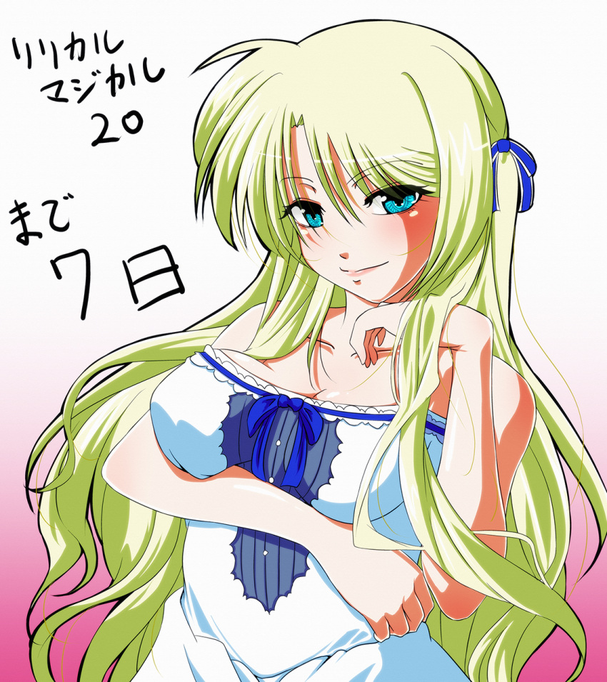 1girl bare_shoulders blonde_hair blue_eyes breast_hold breasts cleavage dress hair_ribbon highres large_breasts light_smile long_hair looking_at_viewer lyrical_nanoha mahou_shoujo_lyrical_nanoha_vivid ribbon solo strapless strapless_dress tappa_(esperanza) translation_request victoria_dahlgrun