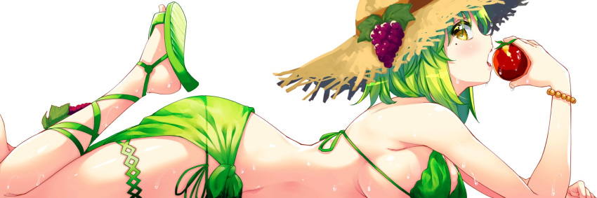 1girl apple ass bikini breasts food fruit gladiator_sandals green_hair hat highres large_breasts lying on_stomach sandals straw_hat swimsuit