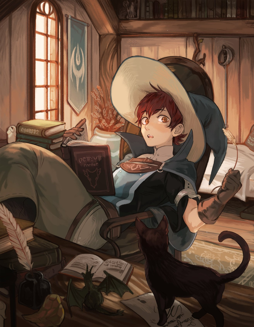 bed bedroom black_cat cat child fire_emblem fire_emblem:_kakusei hat highres indoors katy_ho looking_at_viewer lying redhead richt_(fire_emblem) solo window witch_hat