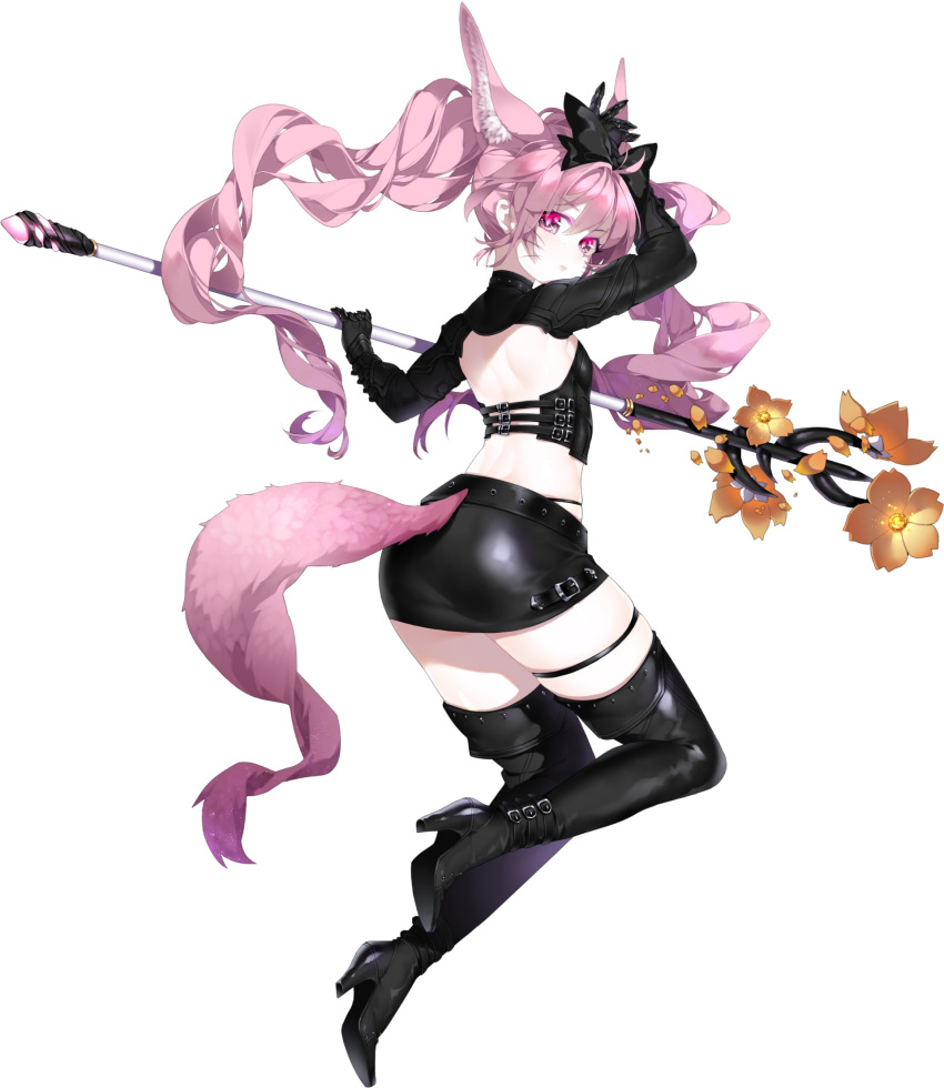 1girl animal_ears arm_up black_boots black_bow black_gloves black_skirt boots bow choker deathalice elbow_gloves elin_(tera) eyebrows_visible_through_hair floating_hair fox_ears fox_tail from_behind from_side full_body gloves hair_between_eyes high_heel_boots high_heels highres holding holding_staff leather leather_boots leather_skirt long_hair long_sleeves looking_back pink_eyes pink_hair priest simple_background skirt solo staff tail tera_online thigh_boots thigh_strap twintails very_long_hair white_background