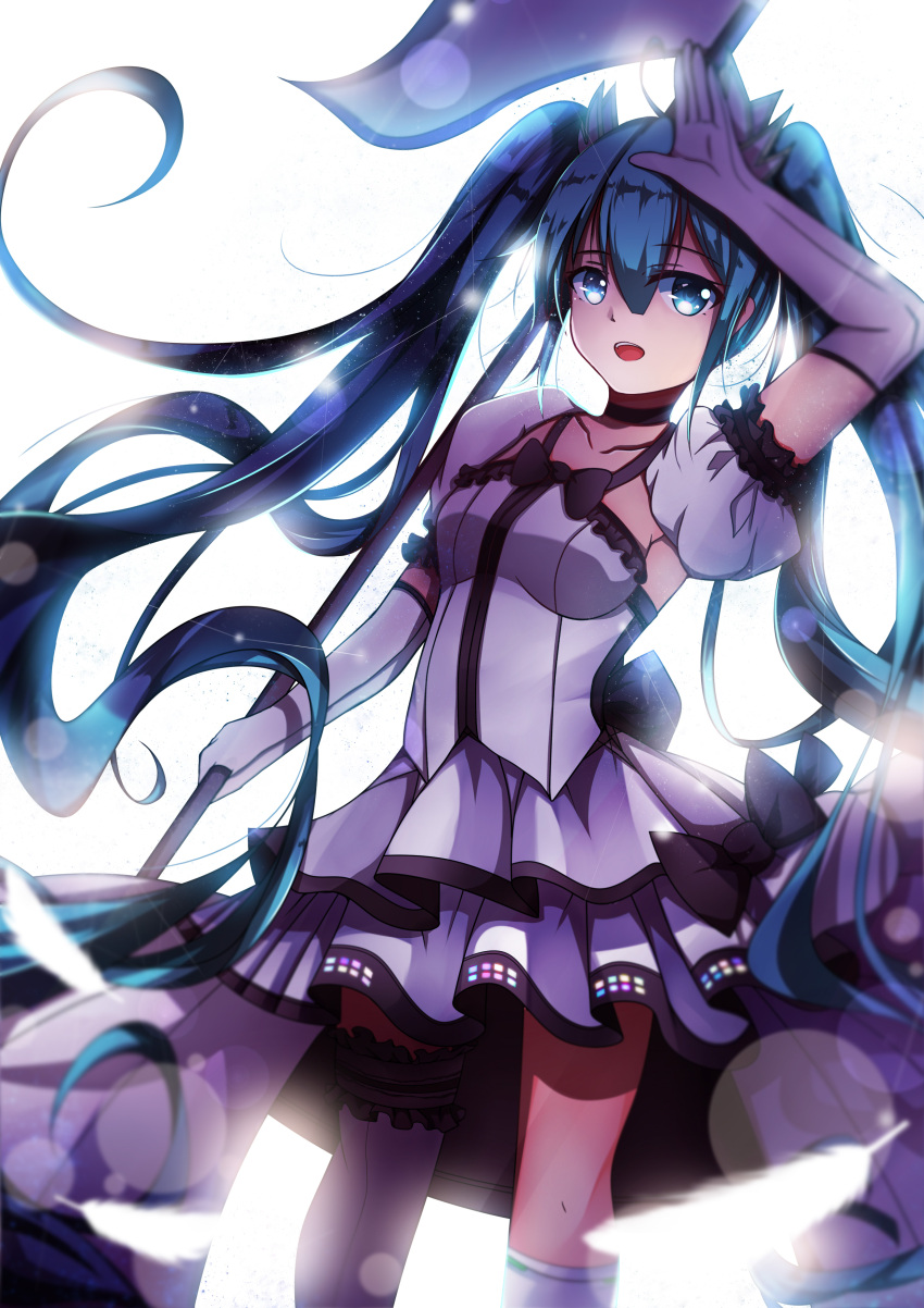 1girl absurdres asymmetrical_legwear blue_eyes blue_hair elbow_gloves eyebrows_visible_through_hair garters gloves grey_gloves grey_legwear grey_skirt hair_between_eyes hair_ribbon hatsune_miku highres holding kneehighs layered_skirt long_hair miniskirt qingye_ling ribbon skirt sleeveless solo standing thigh-highs twintails very_long_hair vocaloid white_background