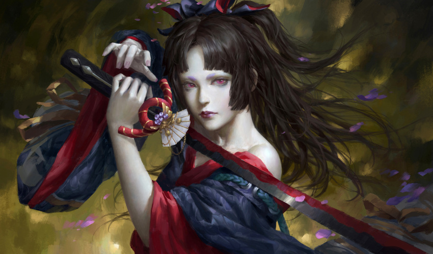 1girl bangs bare_shoulders braid brown_hair buchuo_liu closed_mouth fighting_stance head_tilt highres hikimayu holding holding_sword holding_weapon japanese_clothes kimono long_hair looking_at_viewer off_shoulder one_side_up onmyoji pale_skin parted_bangs pink_eyes pink_lips realistic solo sword upper_body weapon wide_sleeves yaodao_ji