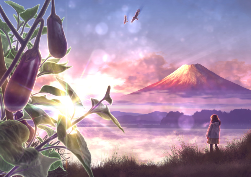 1girl bird boots brown_hair clouds commentary_request day eggplant from_behind grass hood hood_down hoodie kun52 lake leaf long_hair long_sleeves mount_fuji mountain original outdoors pleated_skirt scenery skirt solo standing sunlight yellow_skirt