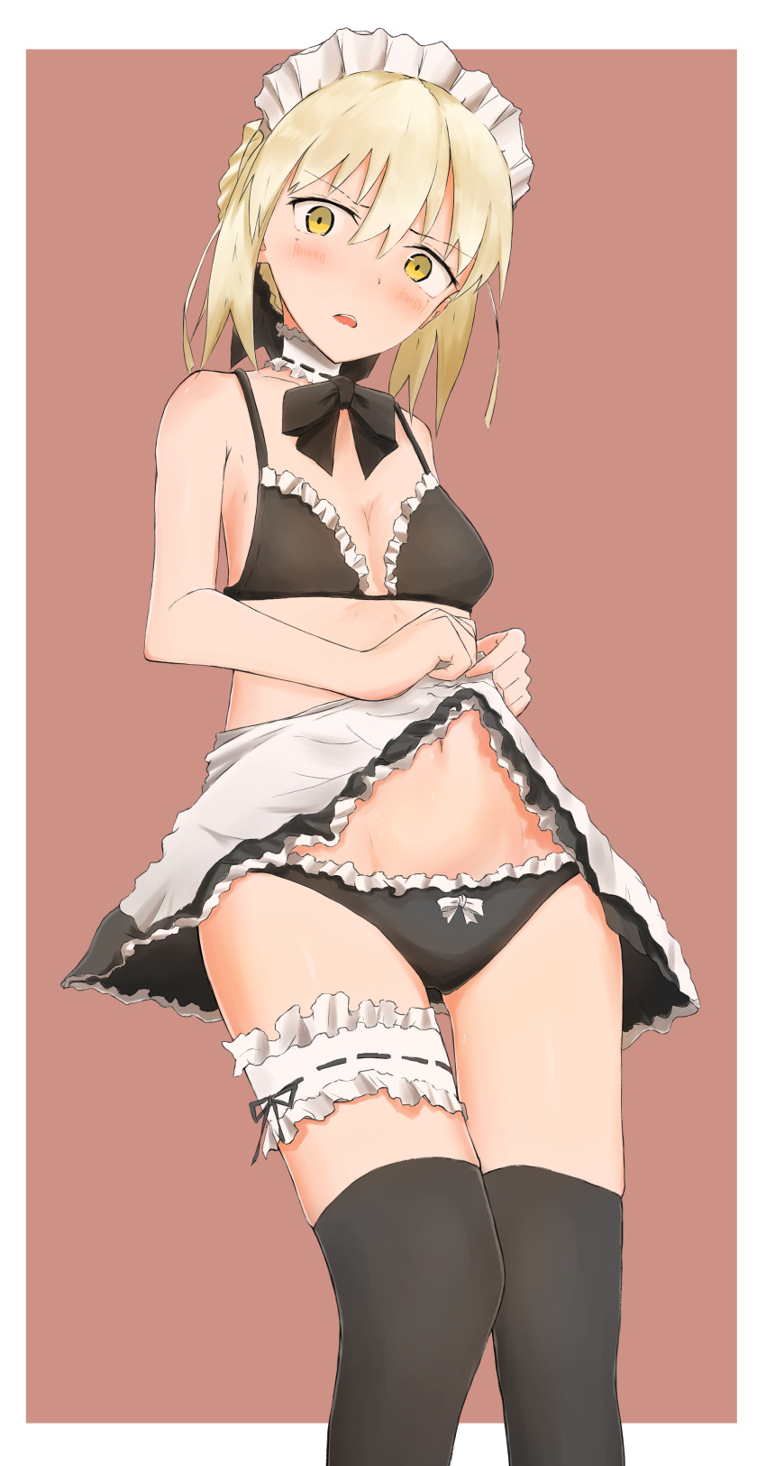 absurdres alternate_costume artoria_pendragon_(all) artoria_pendragon_(swimsuit_rider_alter)_(fate) black_legwear black_panties blonde_hair blush bow bow_panties breasts cleavage enmaided fate_(series) garter_straps groin highres knees_together lace lace-trimmed_garter_belt lace-trimmed_panties lace_choker lifted_by_self looking_at_viewer maid maid_headdress natsuki_(mclarenmiz) navel outside_border panties saber_alter sketch skirt skirt_lift small_breasts thigh-highs underwear white_border